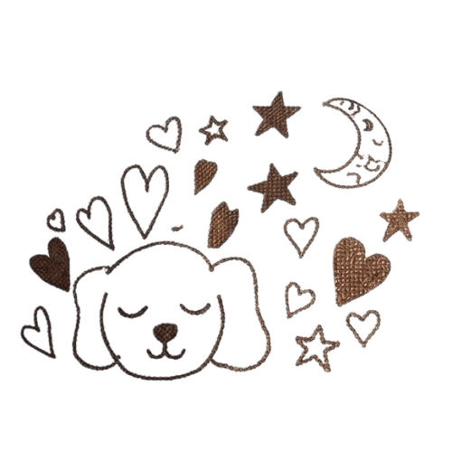 Child's drawing on a CliniCareBag: sleeping dog surrounded by hearts, stars, and a crescent moon