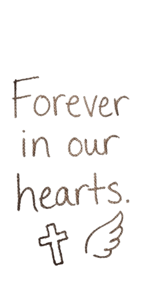 Drawing on a CliniCareBag: the words "Forever in our hearts" with a cross and angel wing